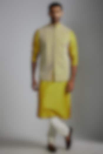 Warm Olive Satin Linen & Silk Blend Hand Embroidered Nehru Jacket Set by Darshika at Pernia's Pop Up Shop