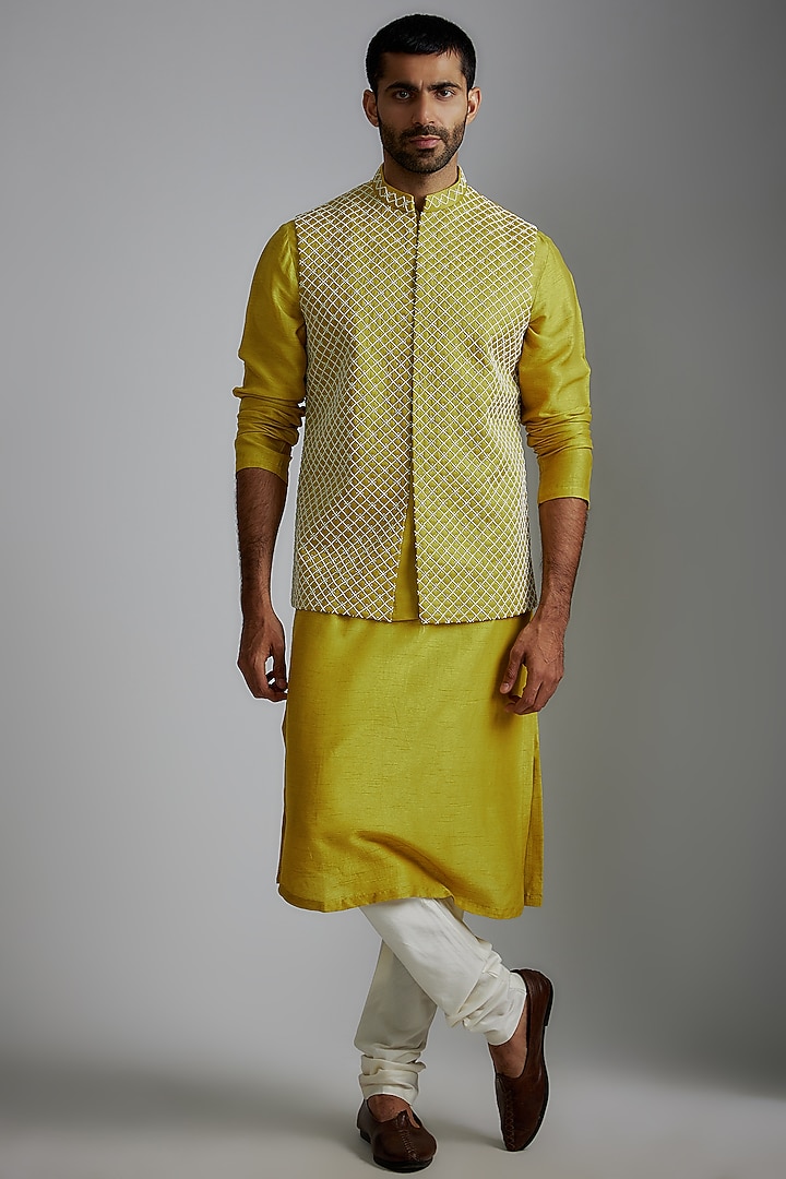 Warm Olive Satin Linen & Silk Blend Hand Embroidered Nehru Jacket Set by Darshika at Pernia's Pop Up Shop