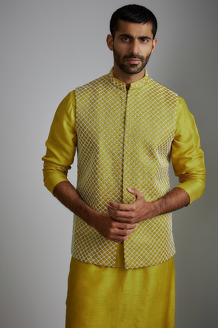 Warm Olive Satin Linen & Silk Blend Hand Embroidered Nehru Jacket Set by Darshika at Pernia's Pop Up Shop