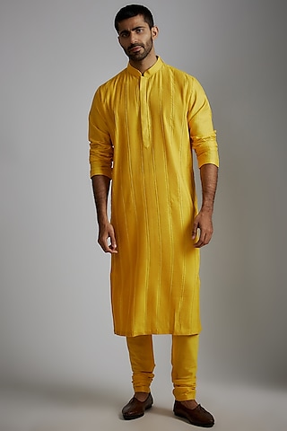 Mustard Cotton Silk Embroidered Kurta Set by Darshika