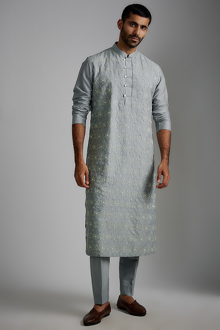 Blue Cotton Silk Kurta Set by Darshika