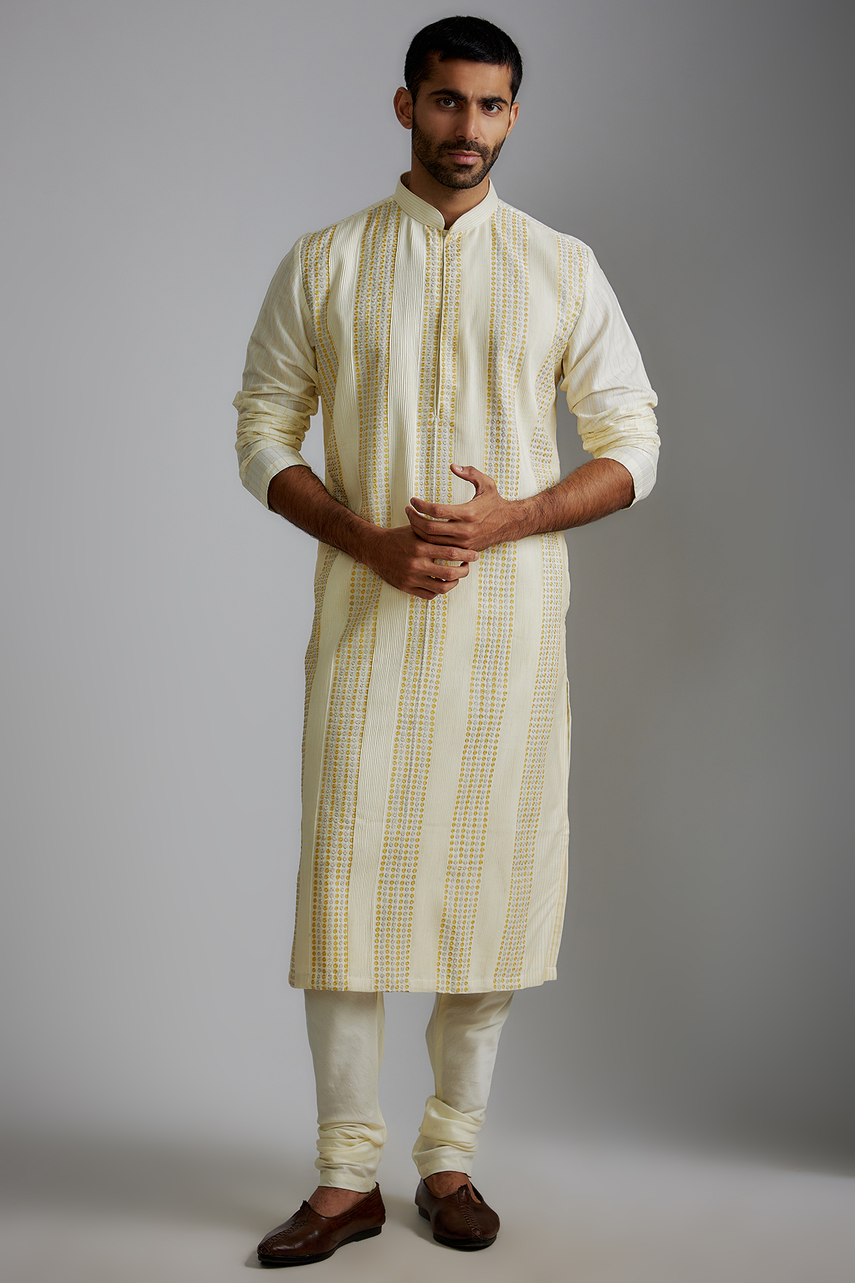 Ivory Cotton Silk Embroidered Kurta Set by Darshika