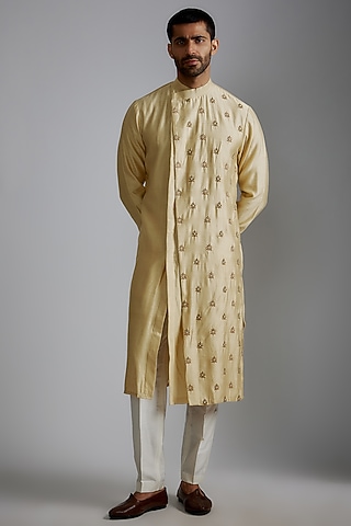 Beige Silk Thread Embroidered Kurta Set by Darshika