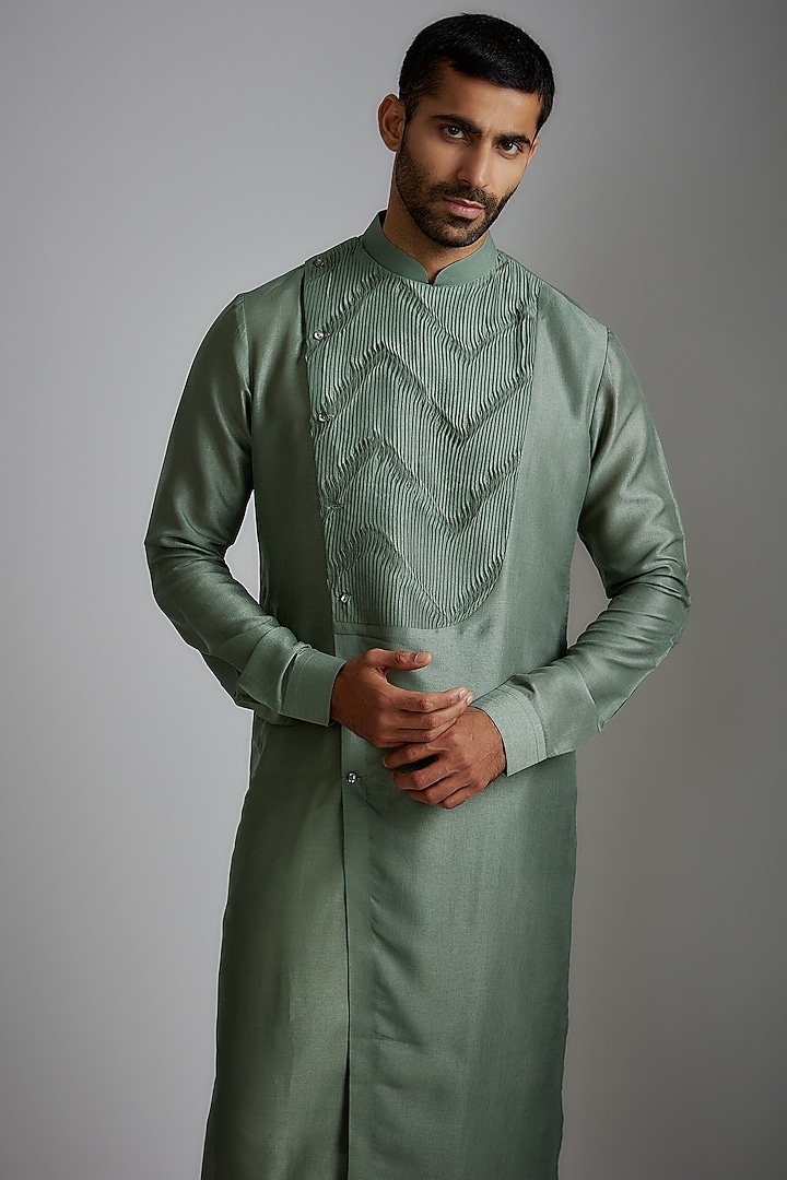 Sage Green Silk Blend Kurta Set by Darshika at Pernia's Pop Up Shop