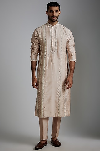 Pink Cotton Silk Hand Embroidered Kurta Set by Darshika