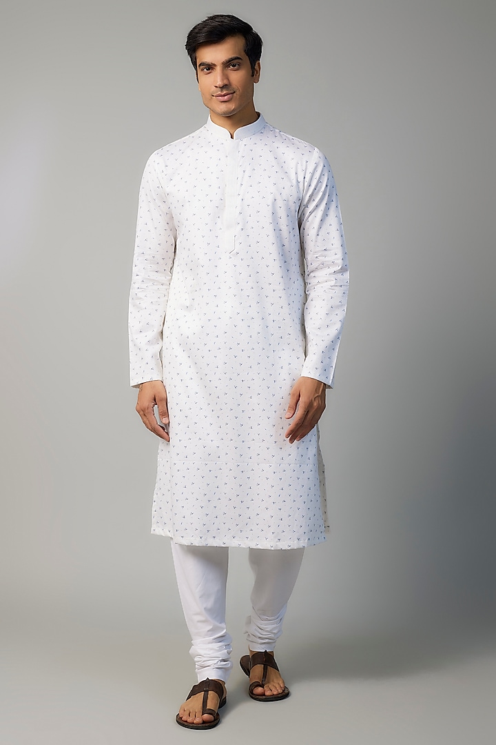 White Cotton Printed Kurta Set by Darshika