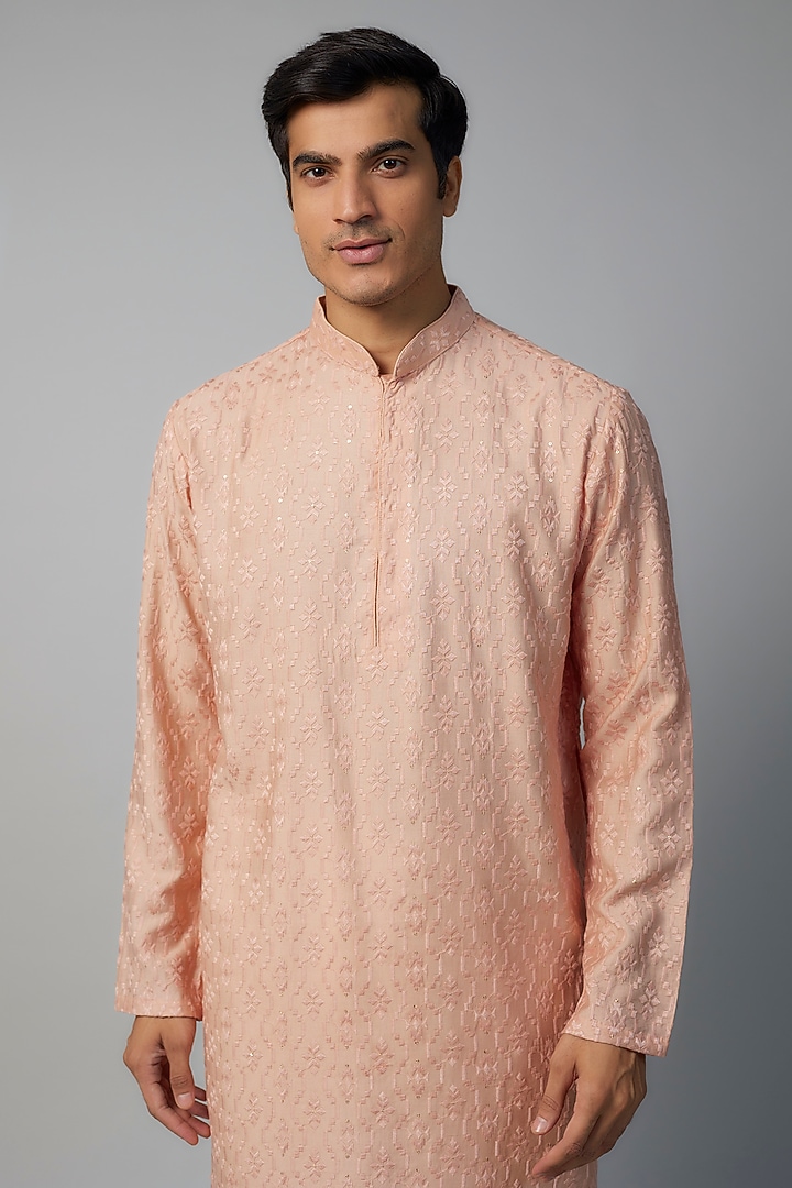 Peach Viscose Thread Work Kurta Set by Darshika at Pernia's Pop Up Shop