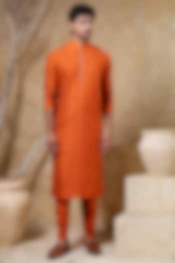 Orange Cotton Silk Pintucks Kurta Set by Darshika at Pernia's Pop Up Shop