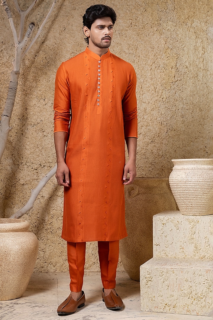 Orange Cotton Silk Pintucks Kurta Set by Darshika at Pernia's Pop Up Shop