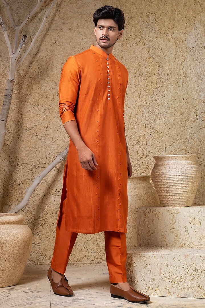 Orange Cotton Silk Pintucks Kurta Set by Darshika at Pernia's Pop Up Shop