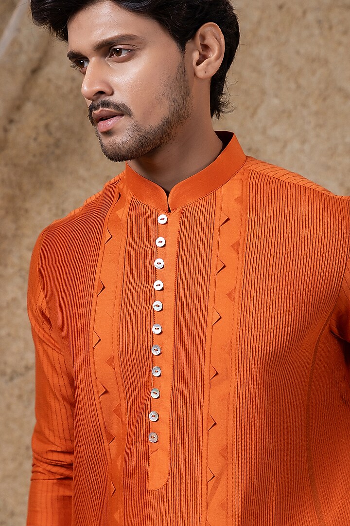 Orange Cotton Silk Pintucks Kurta Set by Darshika at Pernia's Pop Up Shop