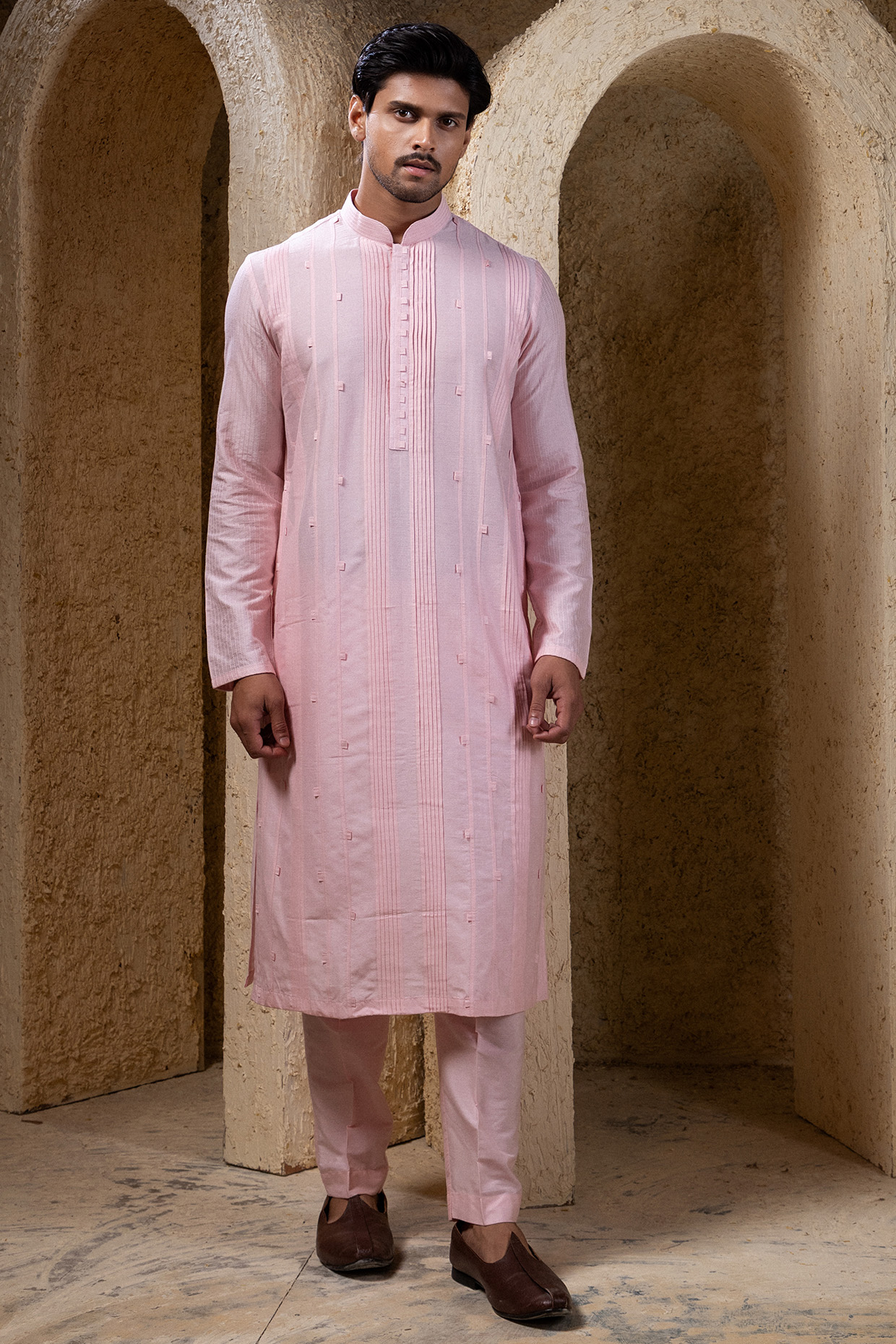 Light Pink Cotton Silk Pintucks Kurta Set by Darshika