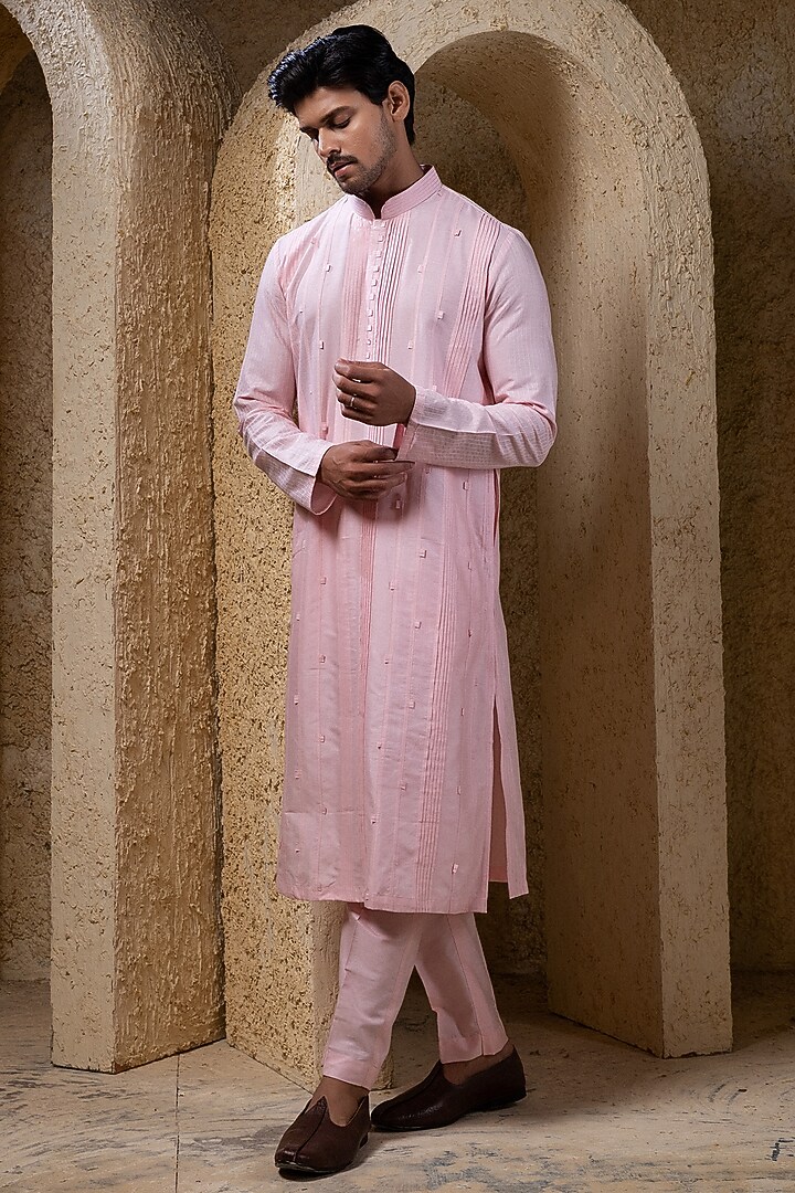 Light Pink Cotton Silk Pintucks Kurta Set by Darshika at Pernia's Pop Up Shop