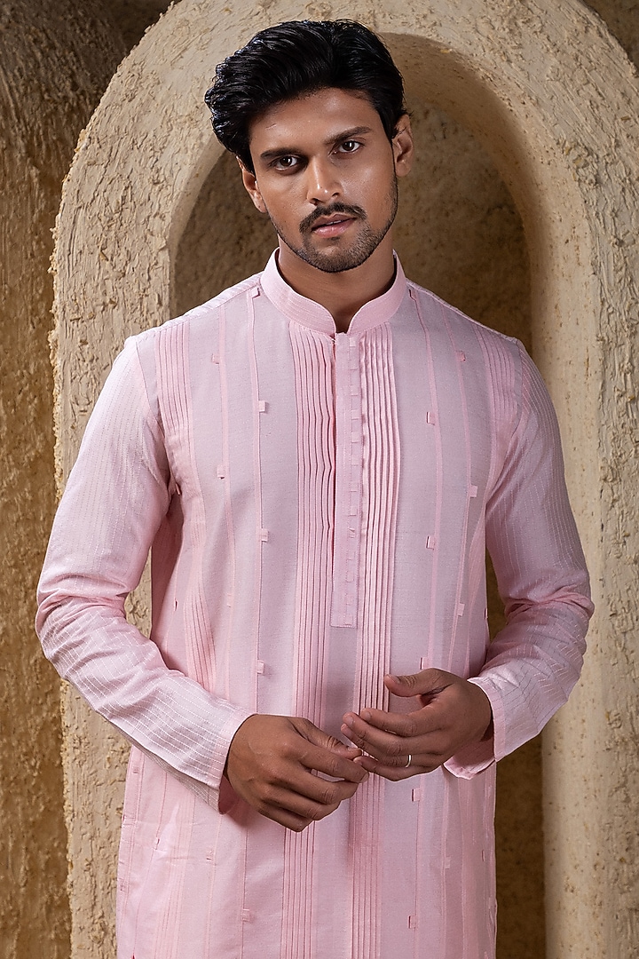 Light Pink Cotton Silk Pintucks Kurta Set by Darshika at Pernia's Pop Up Shop
