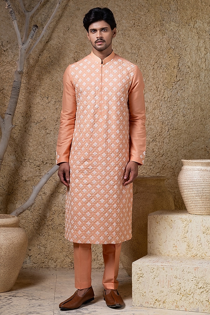 Coral Orange Cotton Silk Thread Embroidered Kurta Set by Darshika at Pernia's Pop Up Shop
