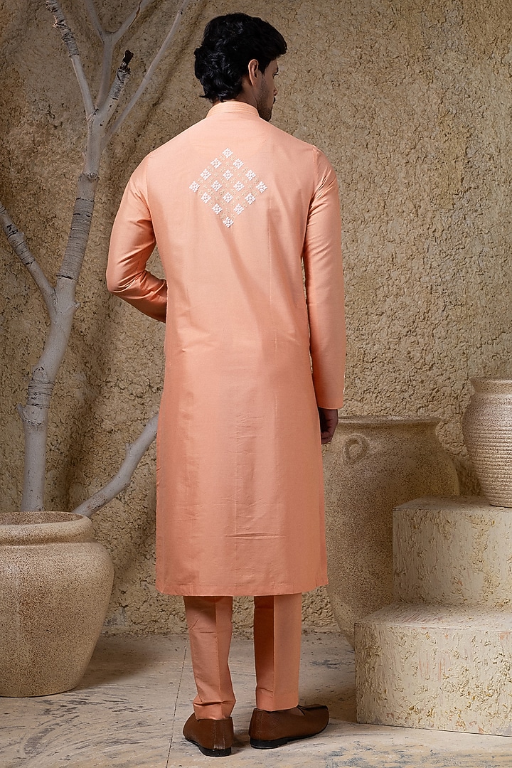 Coral Orange Cotton Silk Thread Embroidered Kurta Set by Darshika at Pernia's Pop Up Shop