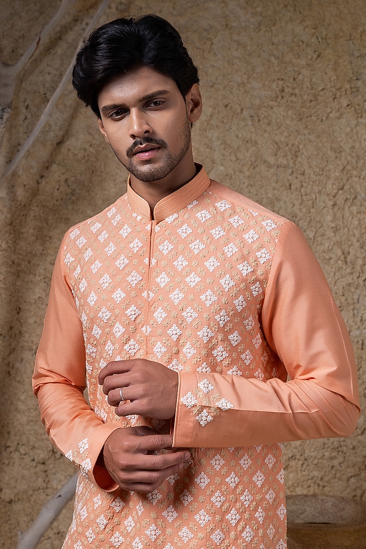 Coral Orange Cotton Silk Thread Embroidered Kurta Set by Darshika at Pernia's Pop Up Shop