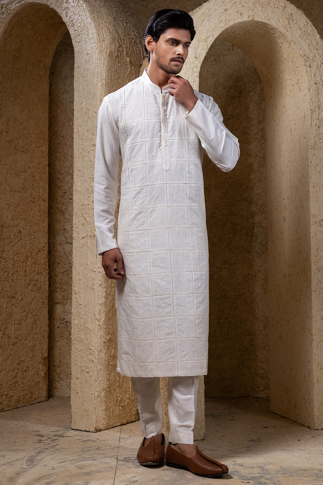 Ivory Cotton Silk Pintucks Kurta Set by Darshika