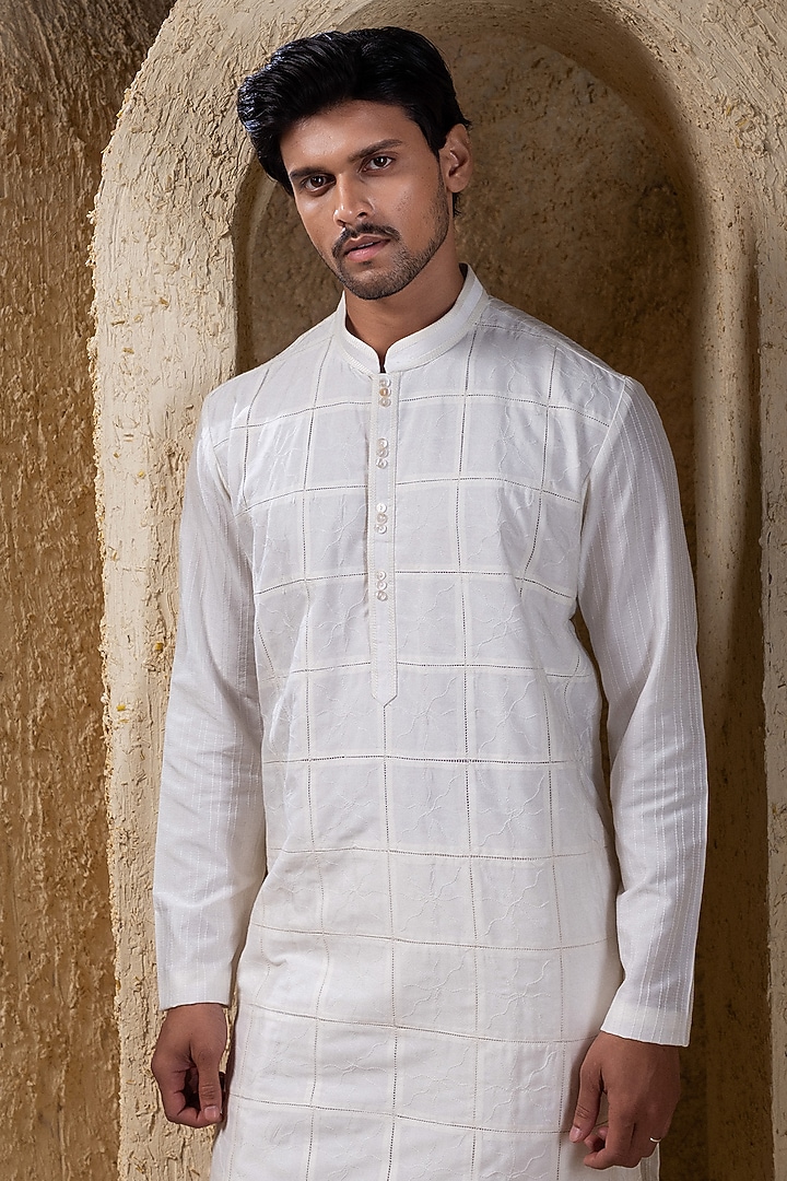Ivory Cotton Silk Pintucks Kurta Set by Darshika at Pernia's Pop Up Shop