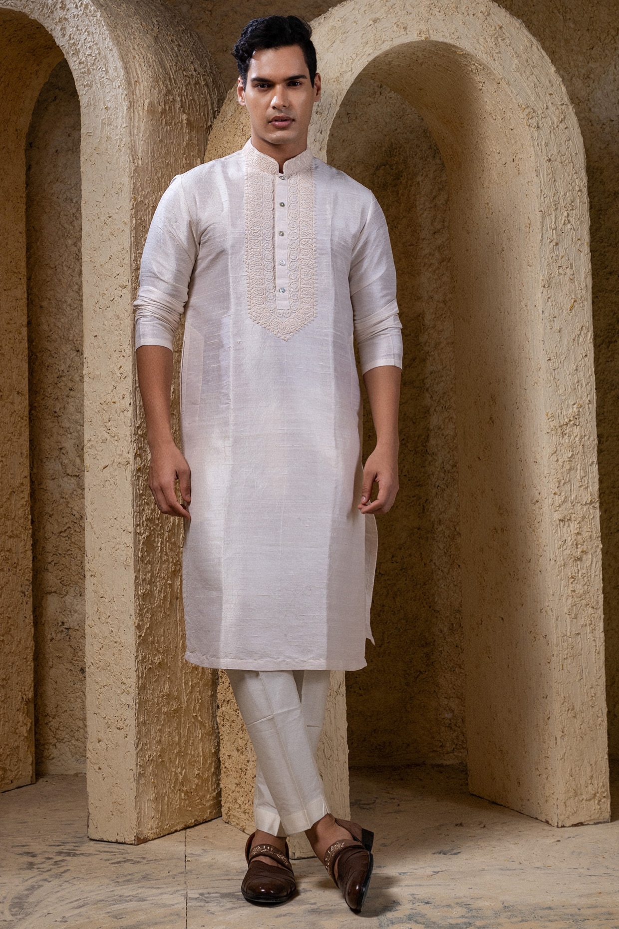Ivory Raw Silk Hand Embroidered Kurta Set by Darshika
