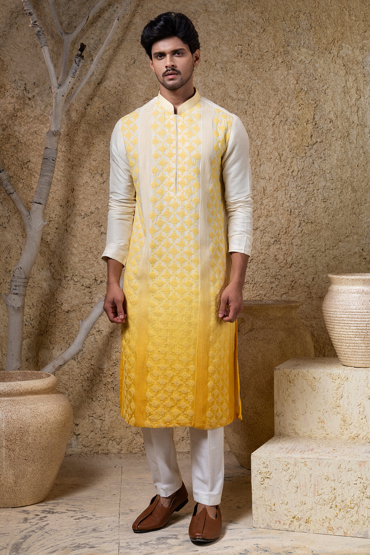 Yellow Ombre Viscose Silk Thread Embroidered Kurta Set by Darshika