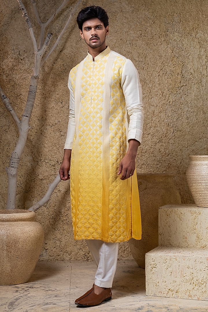 Yellow Ombre Viscose Silk Thread Embroidered Kurta Set by Darshika at Pernia's Pop Up Shop