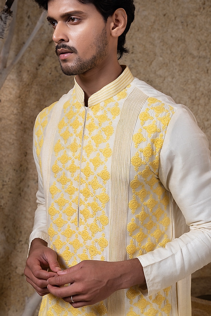 Yellow Ombre Viscose Silk Thread Embroidered Kurta Set by Darshika at Pernia's Pop Up Shop