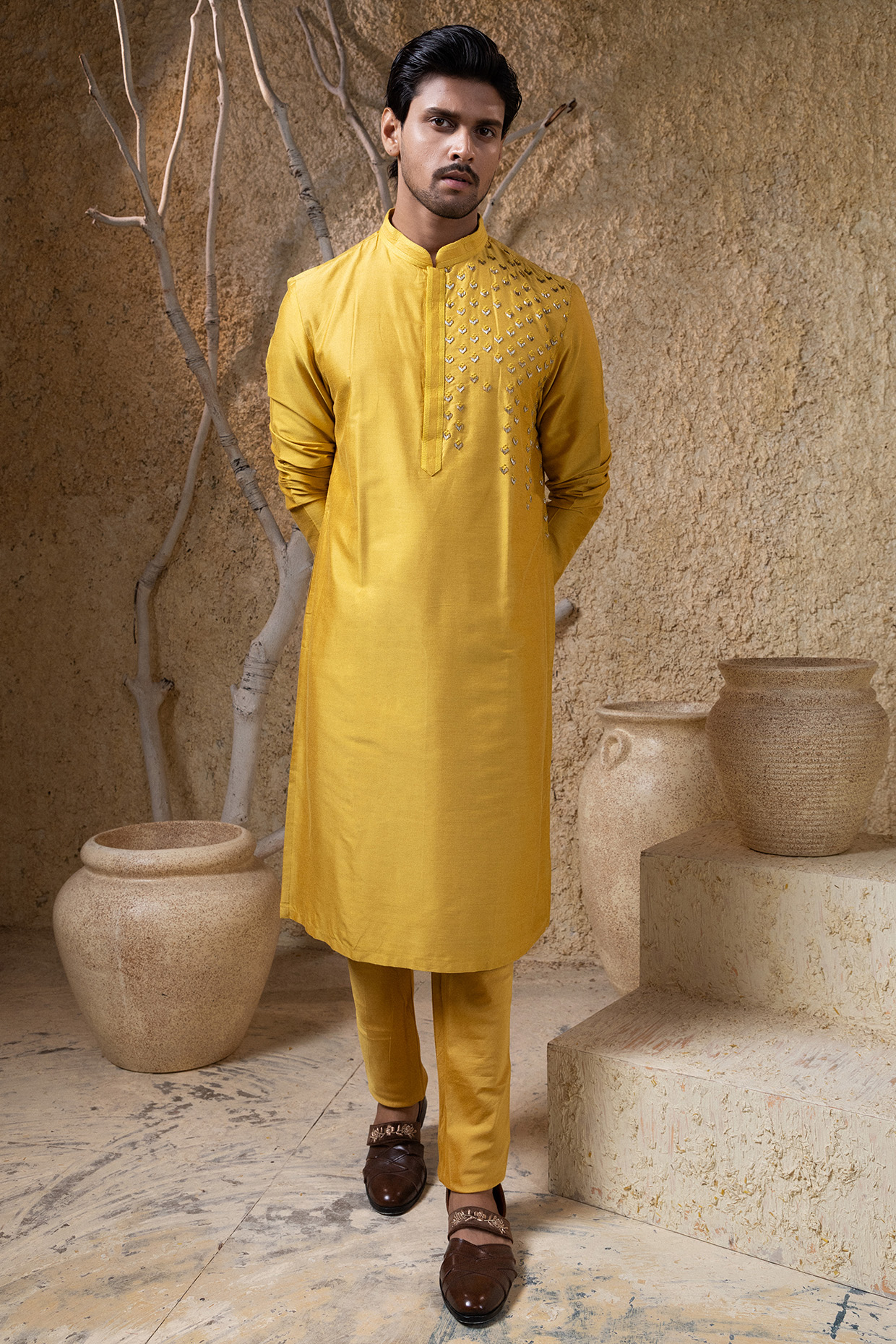 Mustard Yellow Cotton Silk Hand Embroidered Kurta Set by Darshika