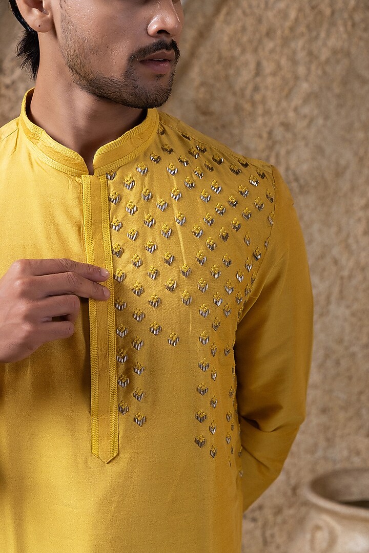 Mustard Yellow Cotton Silk Hand Embroidered Kurta Set by Darshika at Pernia's Pop Up Shop