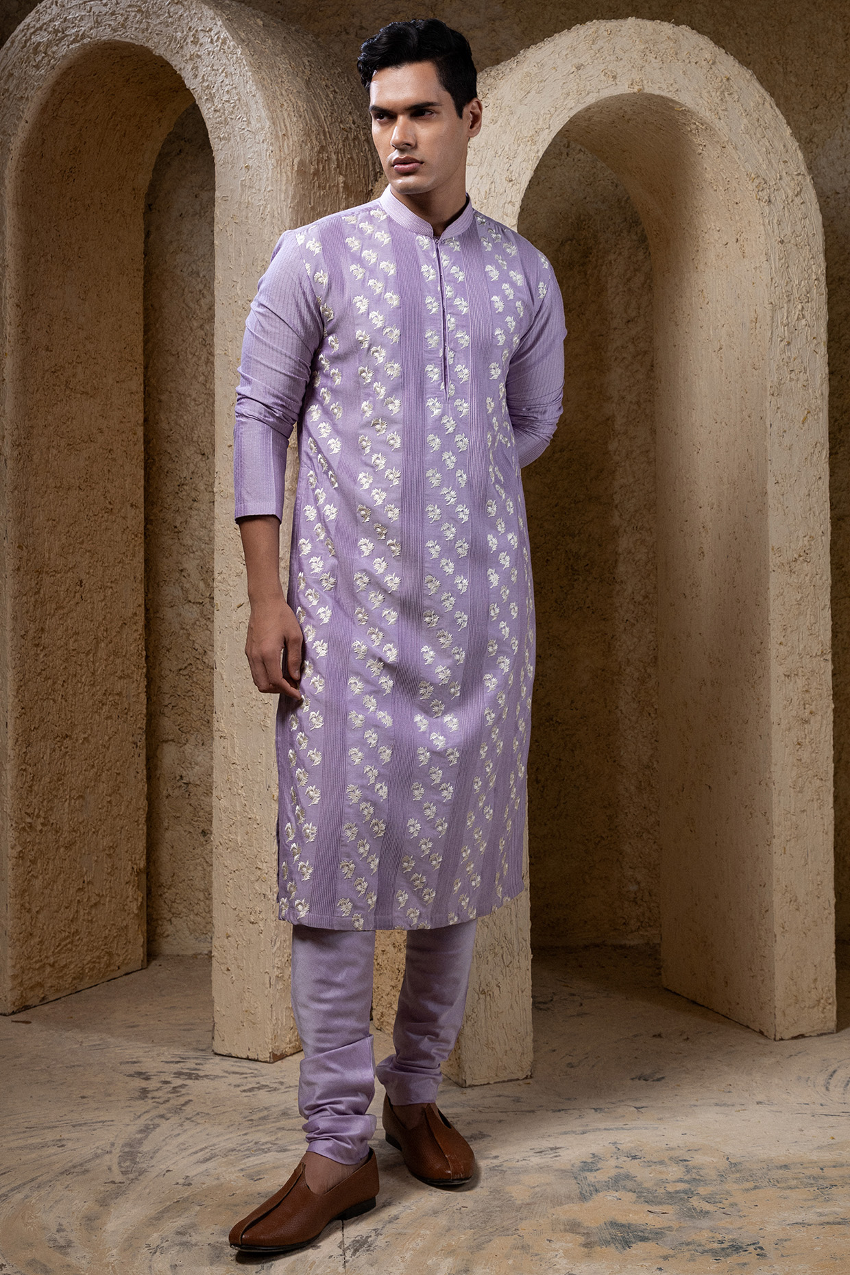 Mauve Purple Cotton Silk Thread Embroidered Kurta Set by Darshika