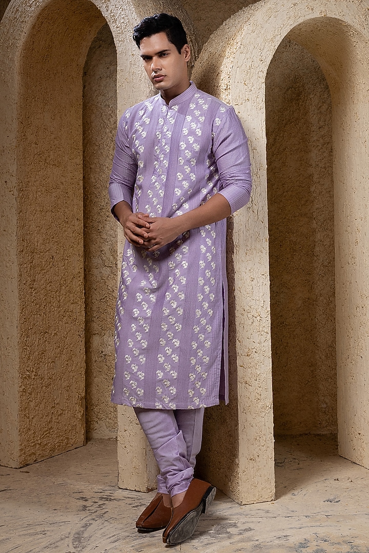 Mauve Purple Cotton Silk Thread Embroidered Kurta Set by Darshika at Pernia's Pop Up Shop