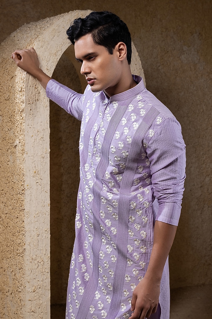 Mauve Purple Cotton Silk Thread Embroidered Kurta Set by Darshika at Pernia's Pop Up Shop
