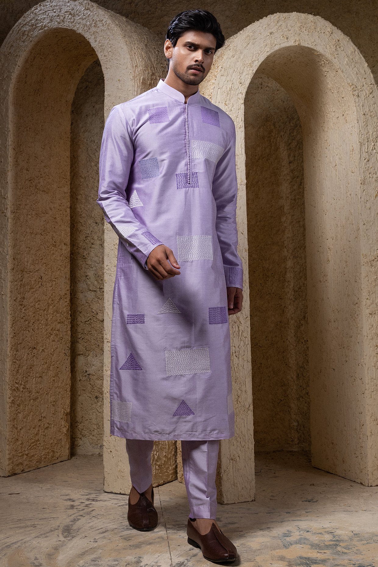 Mauve Purple Cotton Silk Geometric Printed Kurta Set by Darshika