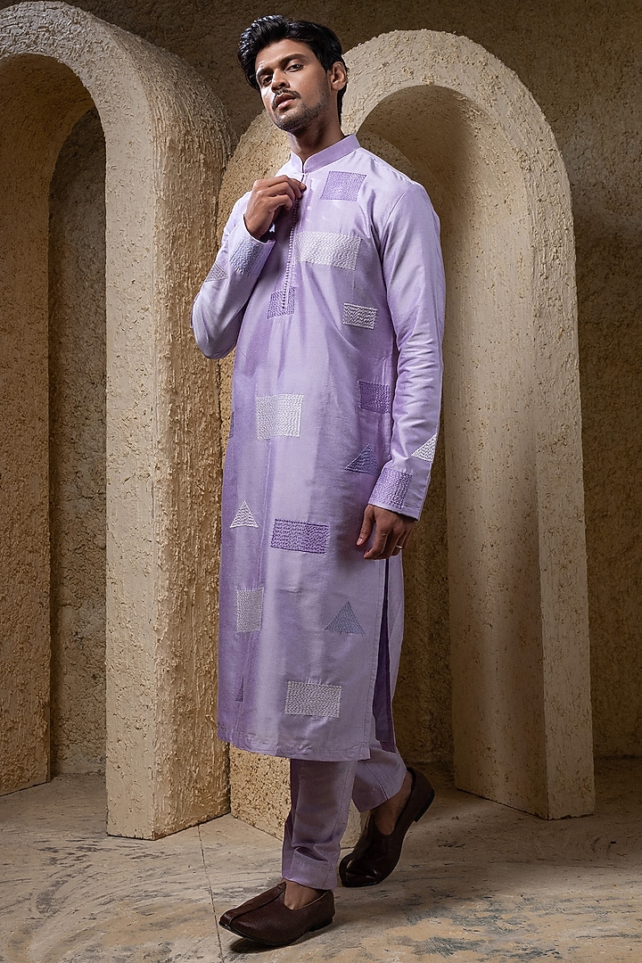 Mauve Purple Cotton Silk Geometric Printed Kurta Set by Darshika at Pernia's Pop Up Shop