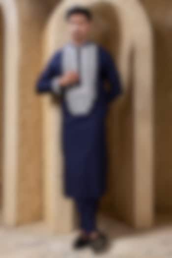 Navy Blue Cotton Silk Hand Embroidered Kurta Set by Darshika at Pernia's Pop Up Shop