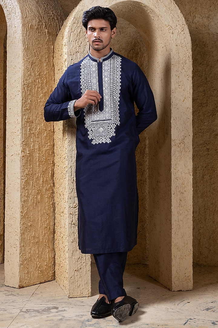 Navy Blue Cotton Silk Hand Embroidered Kurta Set by Darshika at Pernia's Pop Up Shop