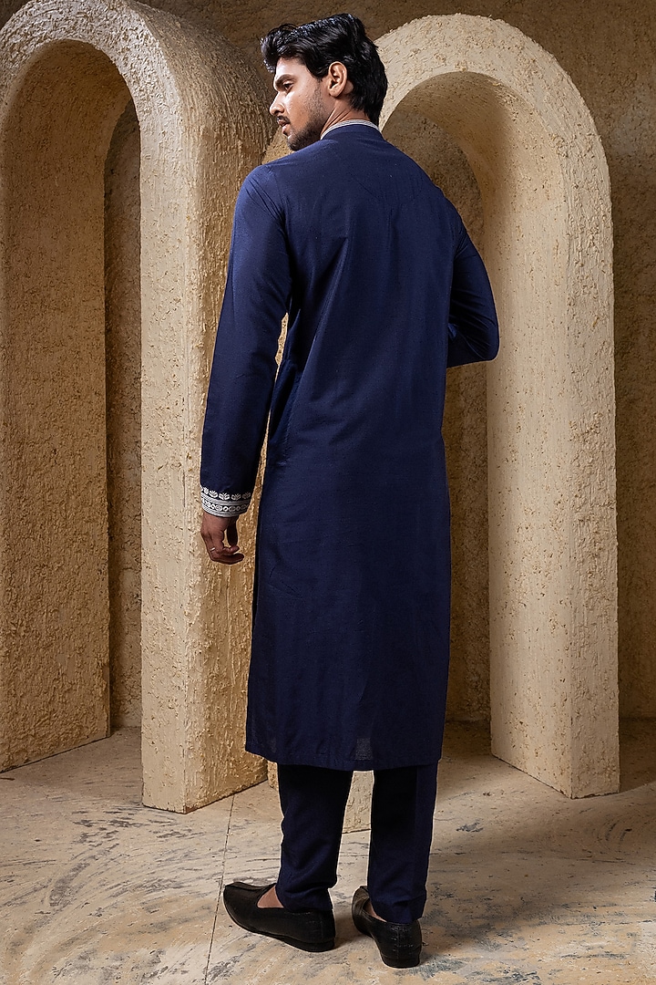 Navy Blue Cotton Silk Hand Embroidered Kurta Set by Darshika at Pernia's Pop Up Shop