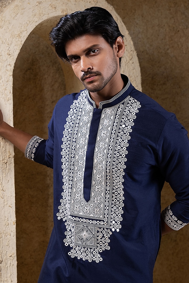 Navy Blue Cotton Silk Hand Embroidered Kurta Set by Darshika at Pernia's Pop Up Shop