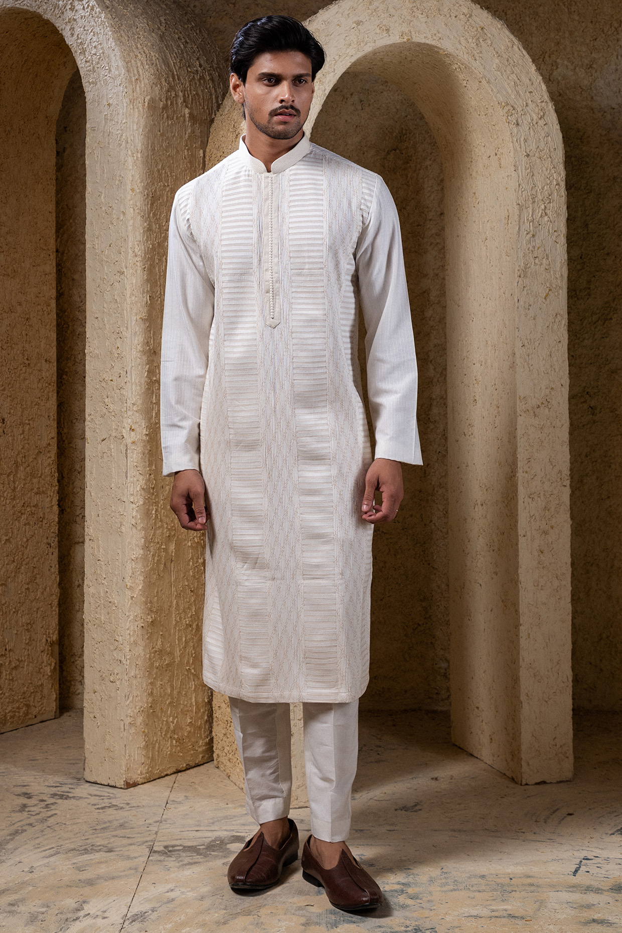 Off-White Cotton Silk Pintucks Kurta Set by Darshika