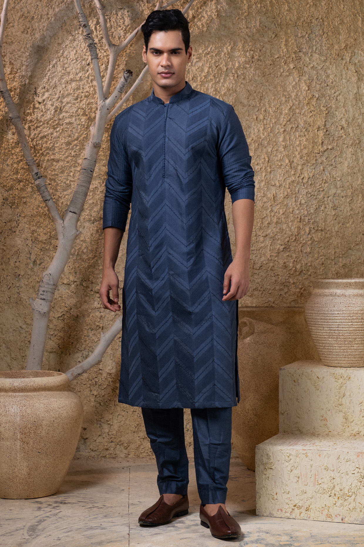 Grey Cotton Silk Pintucks Kurta Set by Darshika