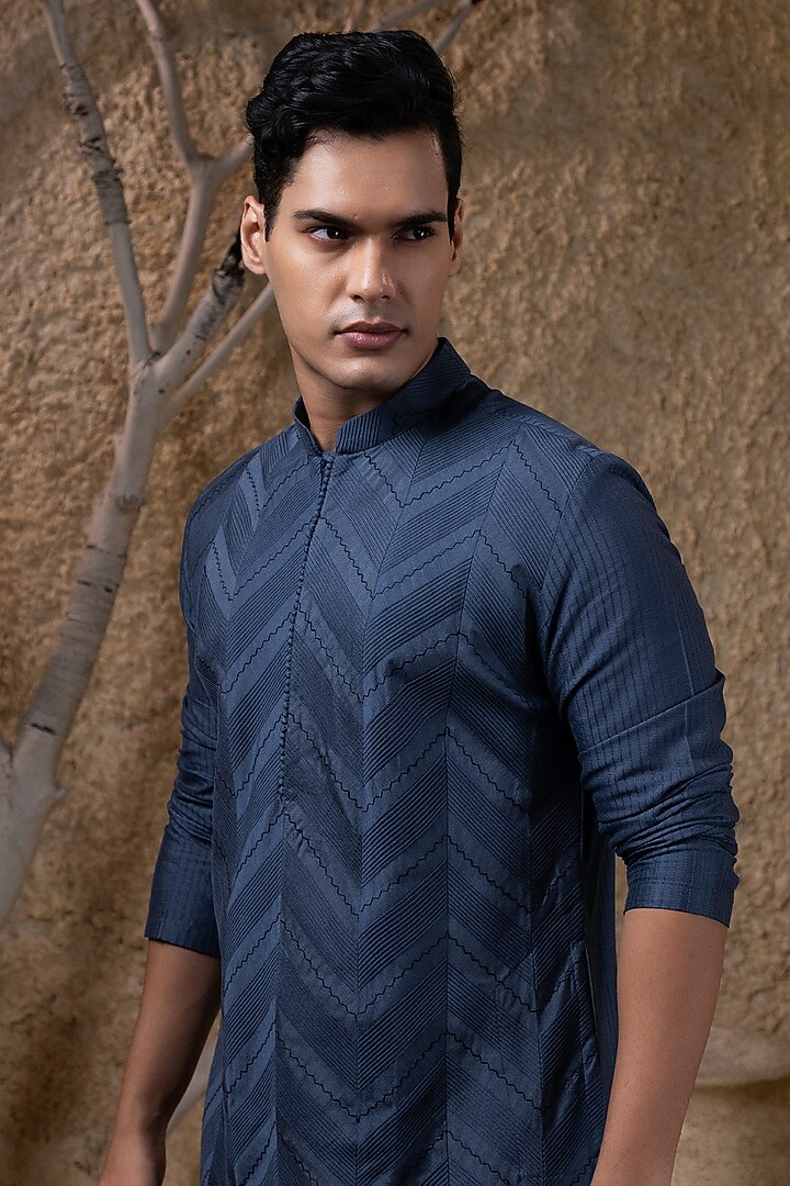 Grey Cotton Silk Pintucks Kurta Set by Darshika at Pernia's Pop Up Shop