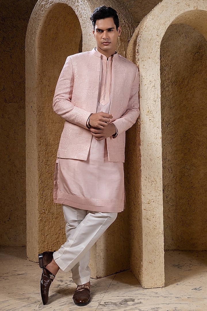 Pink Viscose Silk Thread Embroidered Wedding Indowestern Jacket Set by Darshika at Pernia's Pop Up Shop