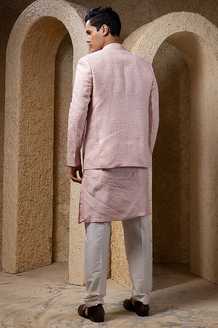 Pink Viscose Silk Thread Embroidered Wedding Indowestern Jacket Set by Darshika at Pernia's Pop Up Shop