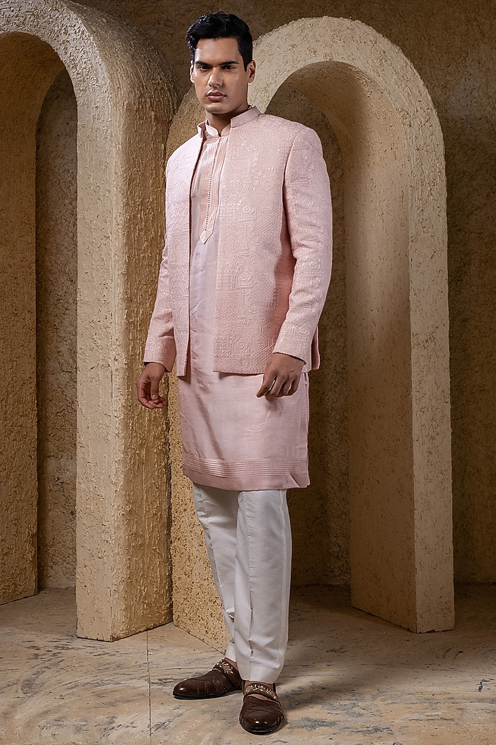 Pink Viscose Silk Thread Embroidered Wedding Indowestern Jacket Set by Darshika at Pernia's Pop Up Shop