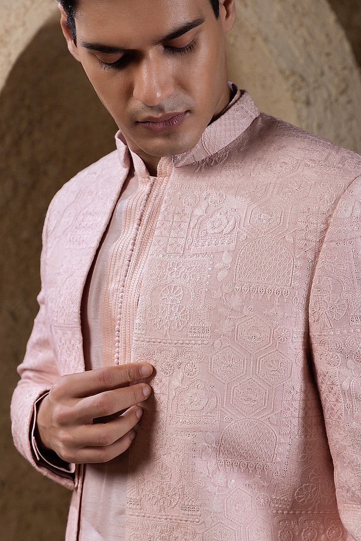 Pink Viscose Silk Thread Embroidered Wedding Indowestern Jacket Set by Darshika at Pernia's Pop Up Shop