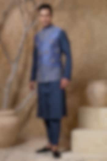 Blue Cotton Silk Hand Embroidered Nehru Jacket Set by Darshika at Pernia's Pop Up Shop