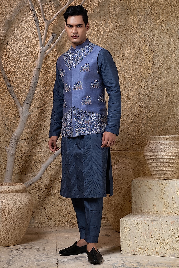 Blue Cotton Silk Hand Embroidered Nehru Jacket Set by Darshika at Pernia's Pop Up Shop