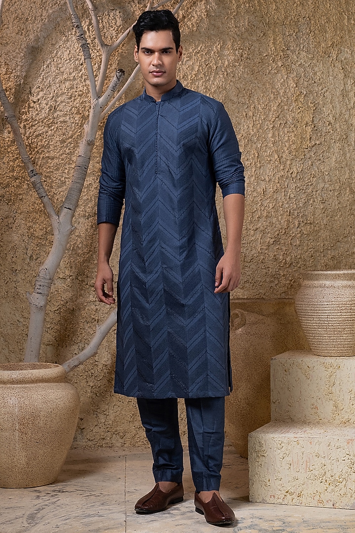 Blue Cotton Silk Hand Embroidered Nehru Jacket Set by Darshika at Pernia's Pop Up Shop