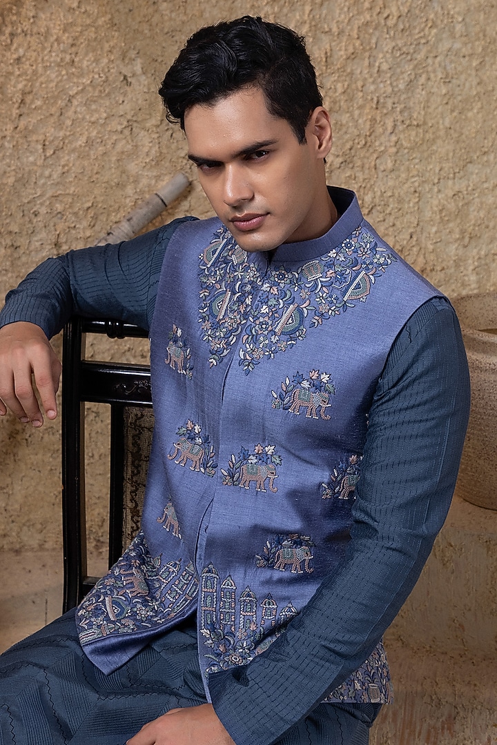 Blue Cotton Silk Hand Embroidered Nehru Jacket Set by Darshika at Pernia's Pop Up Shop