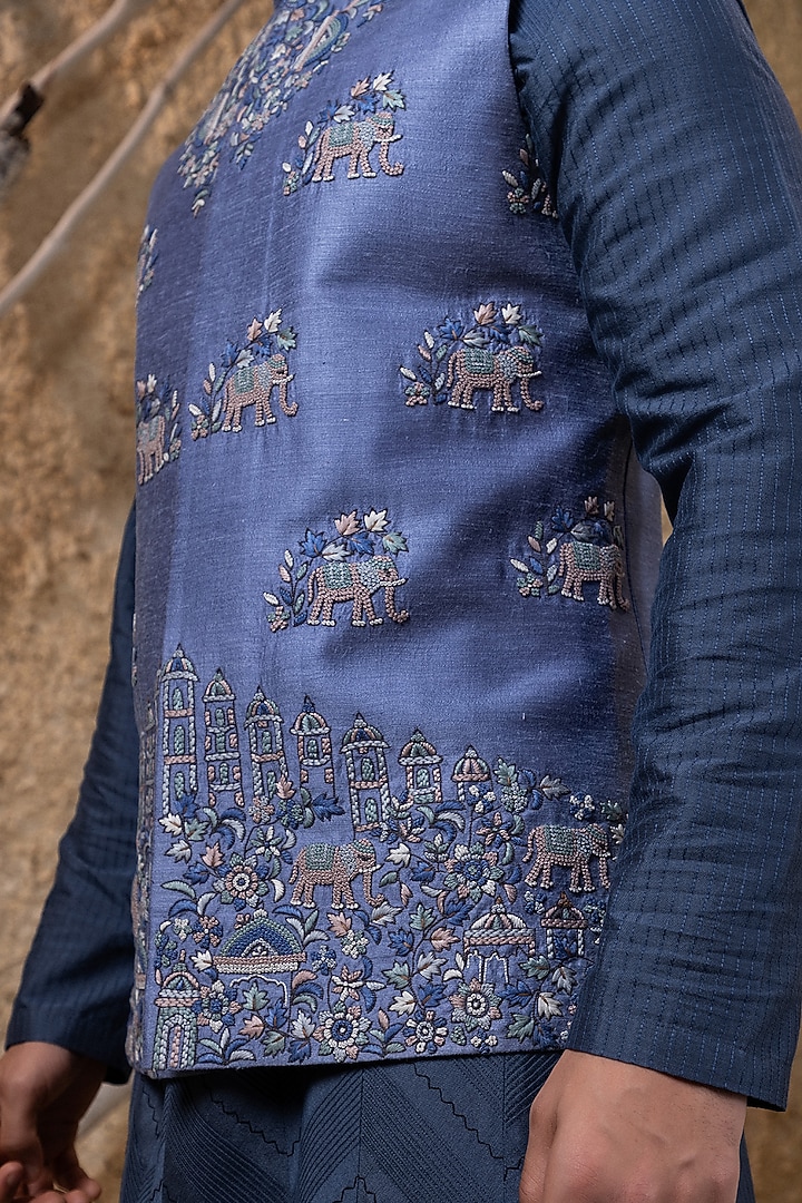 Blue Cotton Silk Hand Embroidered Nehru Jacket Set by Darshika at Pernia's Pop Up Shop